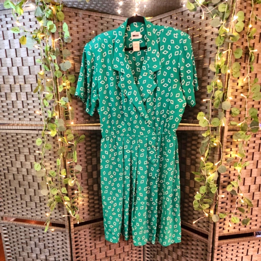 VTG 1980's Leslie Fay collared print dress size 18